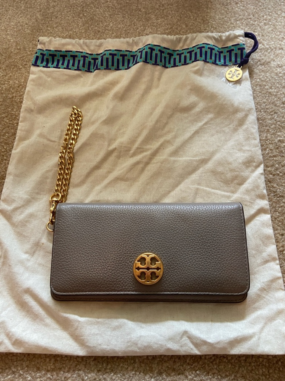 Tory Burch Pebbled Leather Wallet with Gold Chain